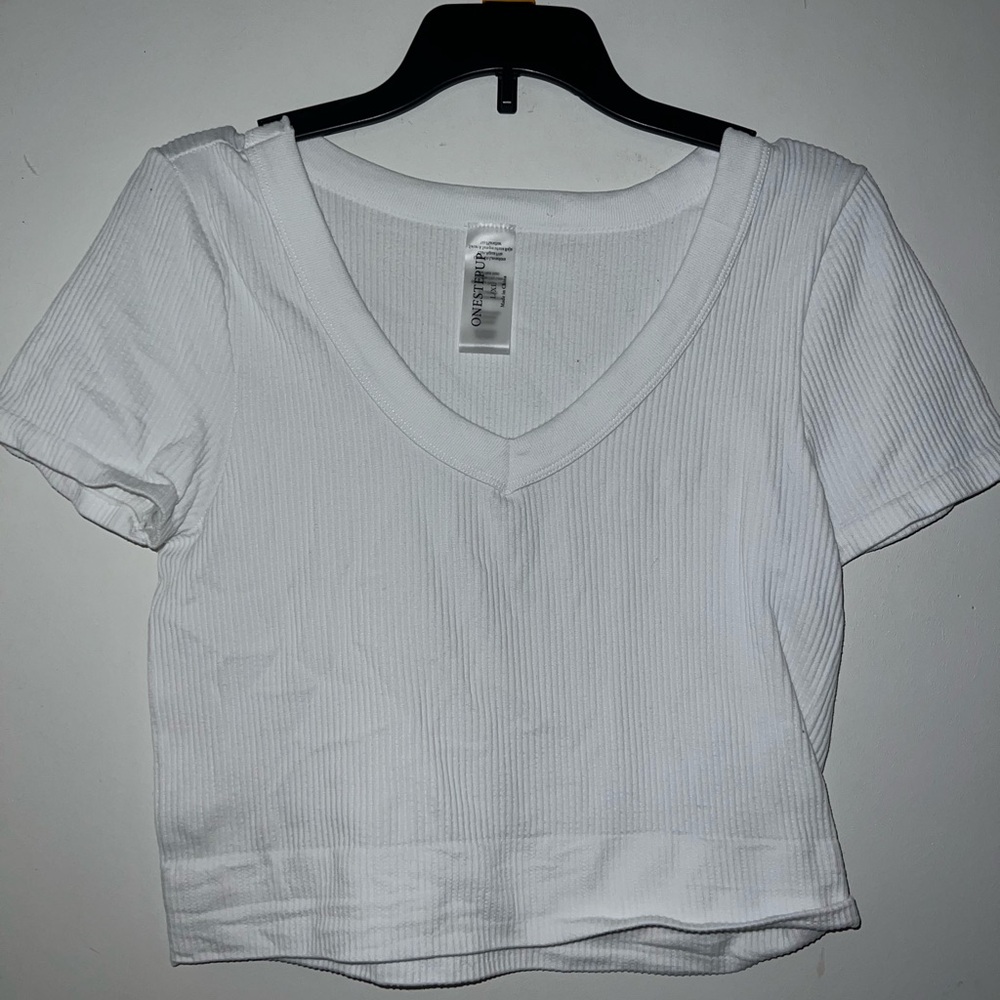 One Step Ahead White Ribbed V-Neck Tee